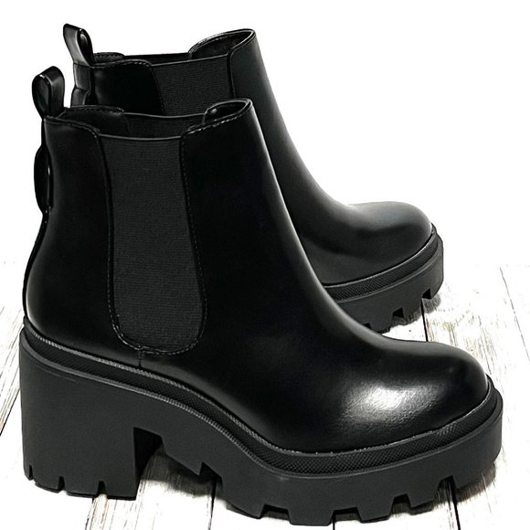 New Women Black Chelsea Platform Chunky Ankle Boots Booties - Picture 3 of 6
